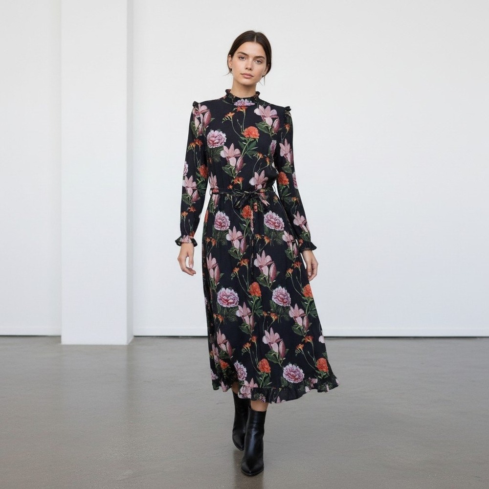 JUST Female Margot Floral Maxi Dress Mock Neck Ruffle Shoulder Navy Black Size M